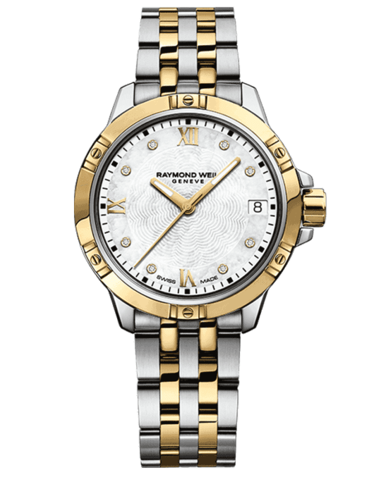Tango Ladies Quartz 8 Diamond White Dial Gold PVD Two-Tone Bracelet Watch, 30mm