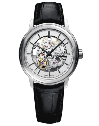 RAYMOND WEIL Maestro Skeleton automatic black leather watch