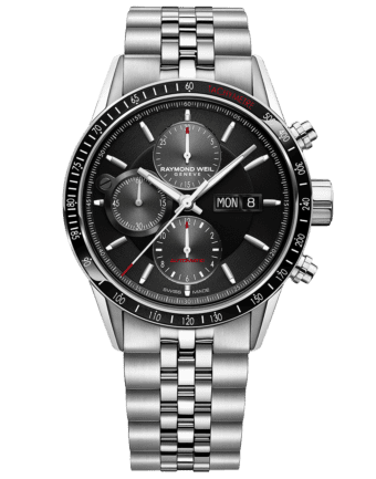 RAYMOND WEIL freelancer automatic chronograph with a black dial stainless steel bracelet and red indexes