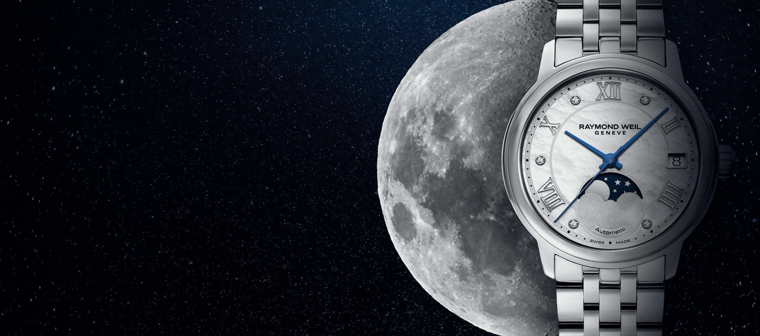 Product Banner Maestro Ladies Automatic Moon Phase Mother Of Pearl Diamond