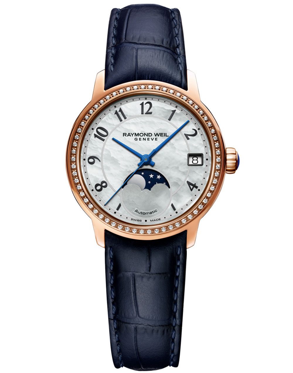 Maestro Ladies Diamond Automatic Moon phase Leather Watch, 34mm
