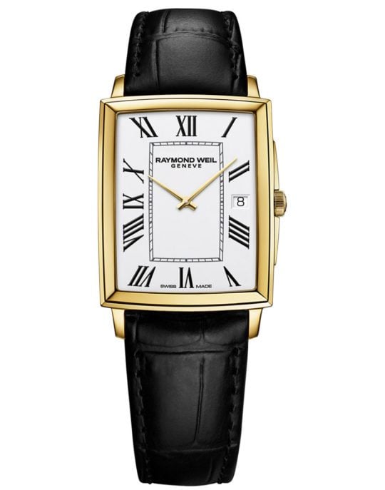 Toccata Men’s Rectangular Gold PVD White Dial Leather Strap Watch, 37 x 29mm
