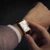 Toccata Men’s Rectangular Gold PVD White Dial Leather Strap Watch, 37 x 29mm