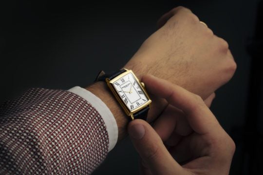 Toccata Men’s Rectangular Gold PVD White Dial Leather Strap Watch, 37 x 29mm