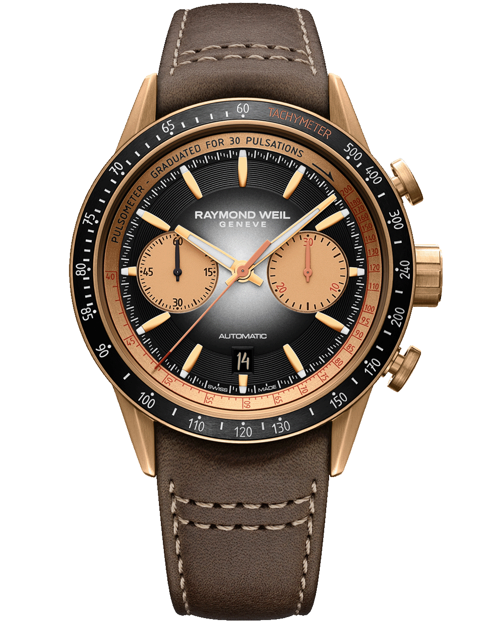 Freelancer Men’s Automatic Chronograph Bi-compax Bronze Leather Watch, 43.5mm