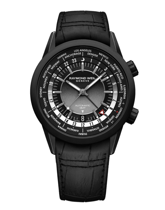 Freelancer Men’s GMT Worldtimer Black Dial Leather Strap Watch, 41mm