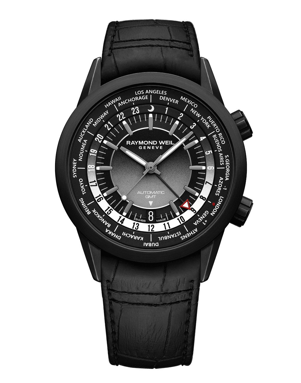 Freelancer GMT Worldtimer Black Leather Watch, 41mm