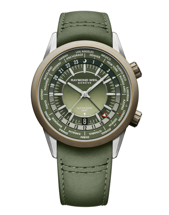 Freelancer Men’s GMT Worldtimer Green Dial Leather Strap Watch, 41mm