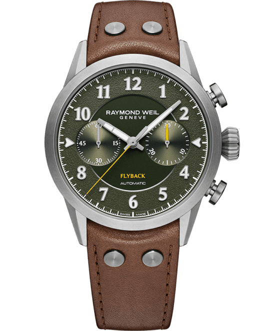 Freelancer Men’s Pilot Flyback Chronograph Green Dial Brown Leather Strap Watch, 42MM