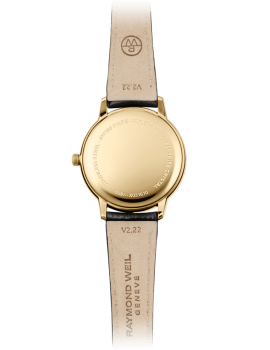 Toccata Ladies Quartz Gold PVD Black Dial Leather Strap Watch, 34mm
