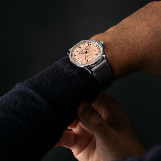 Millesime Men’s Automatic Salmon Sector Dial Grey Leather Strap Watch, 39.5mm