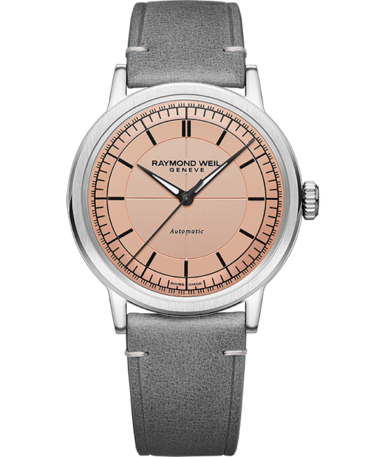 Millesime Men’s Automatic Salmon Sector Dial Grey Leather Strap Watch, 39.5mm