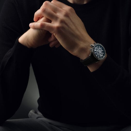 Freelancer Men’s Automatic Chronograph Black Leather Strap Watch, 43.5mm