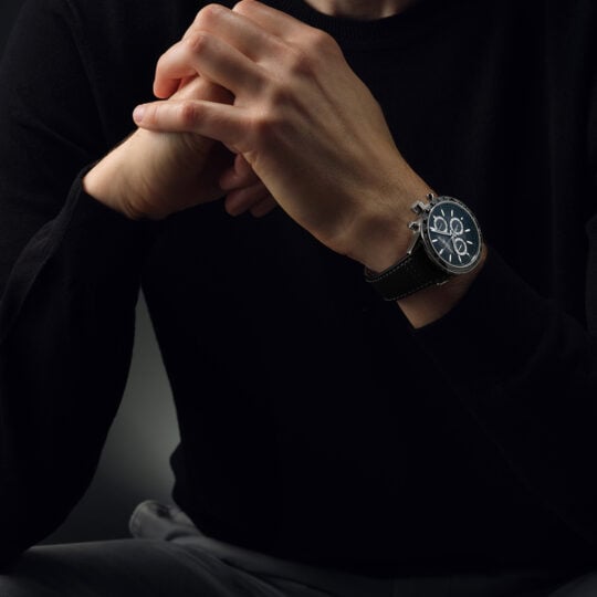 Freelancer Men’s Automatic Chronograph Black Dial Leather Strap Watch, 43.5mm