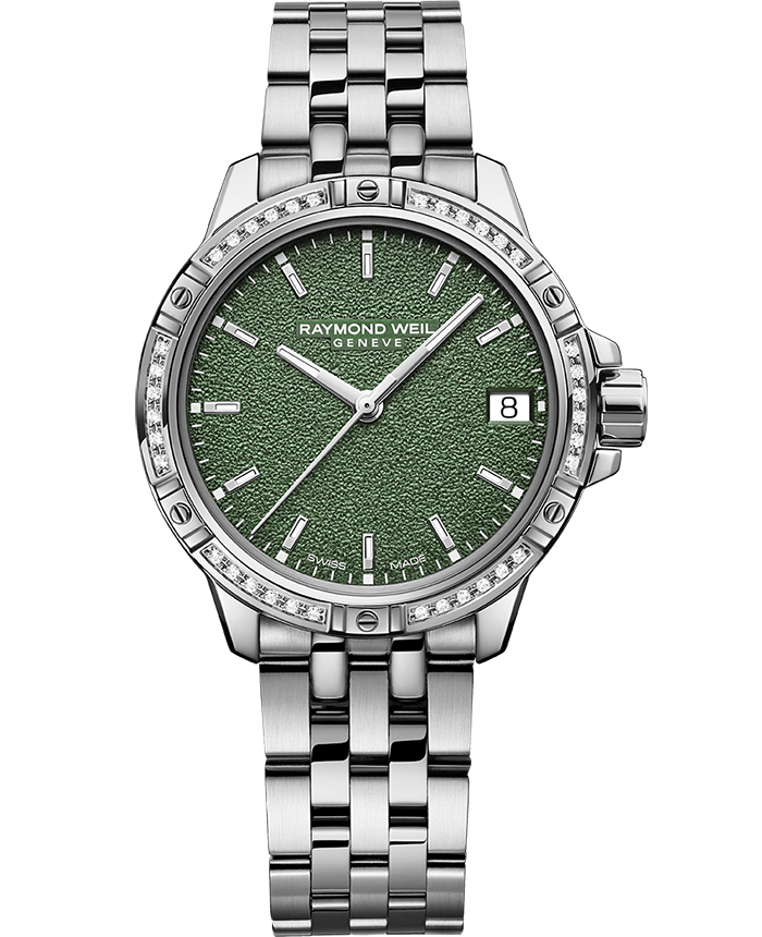 Tango Classic Ladies Quartz Diamonds Green Frosted Dial Steel Date  Watch, 30mm